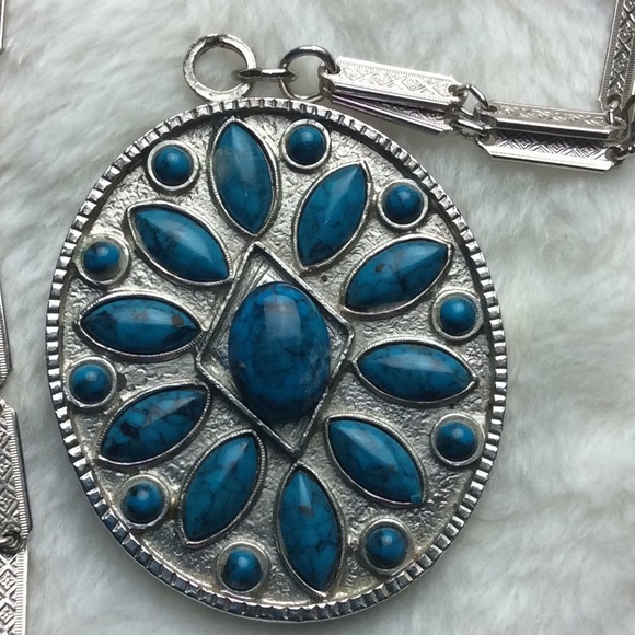 Vintage Whiting & Davis Signed Silver Tone Turquoise Pendant Necklace - Picture 2 of 7